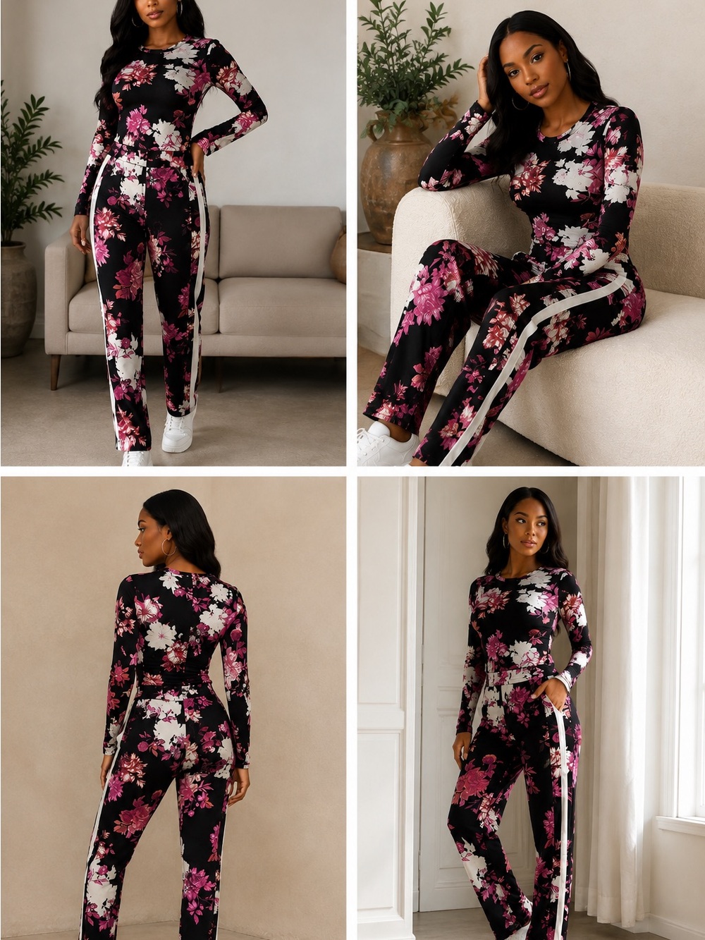 Material Girl Black Floral Track Pants & Joggers Set with Pink and White Flowers